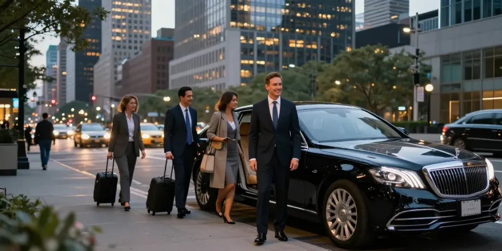 Watermill to Manhattan car service in luxury vehicle outside city skyline