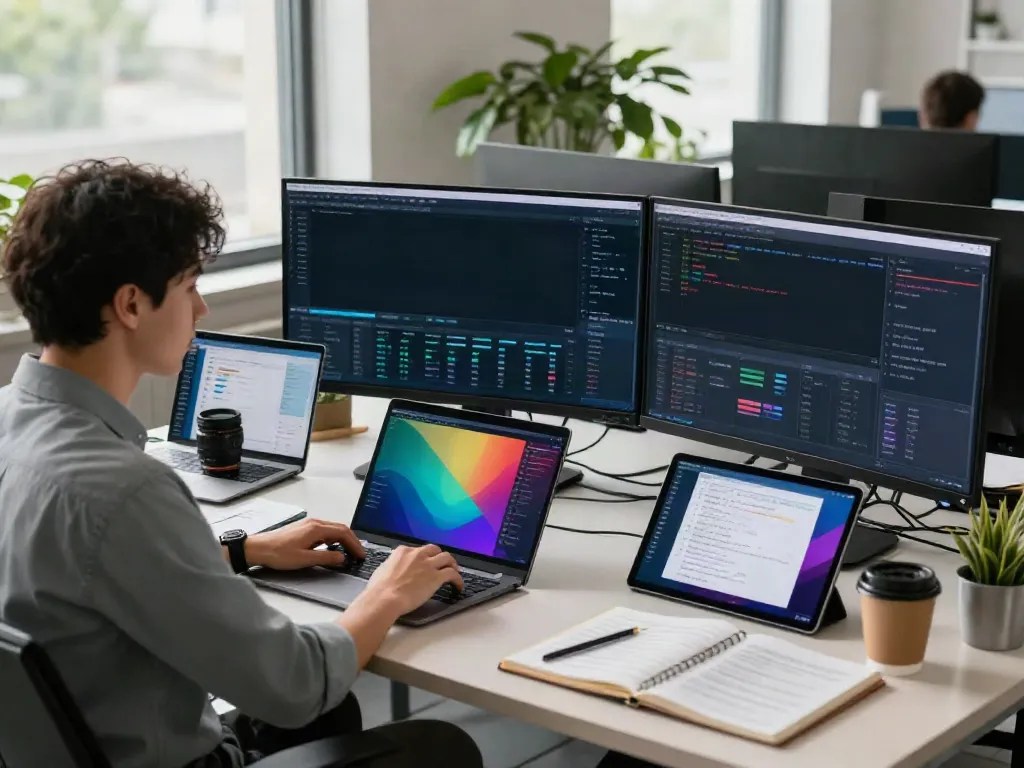 A data analyst examining secret info analytics in a modern office environment, surrounded by screens and notes.
