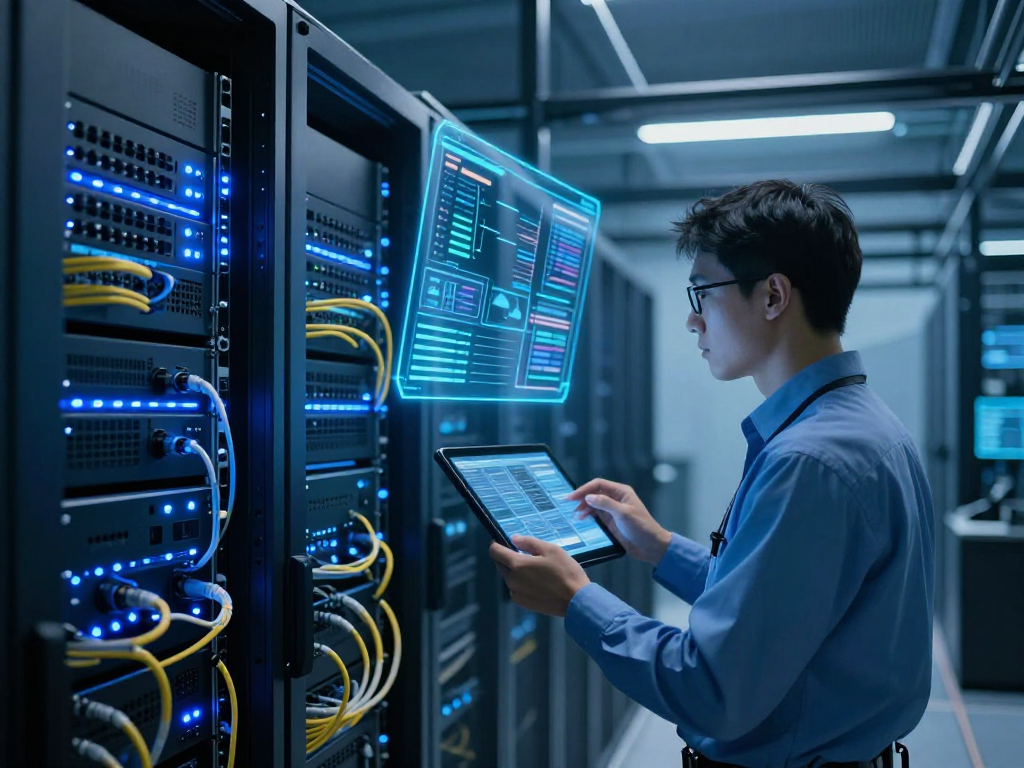 IPTV reseller technology scene in a modern data centre showcasing cloud computing and digital infrastructure.