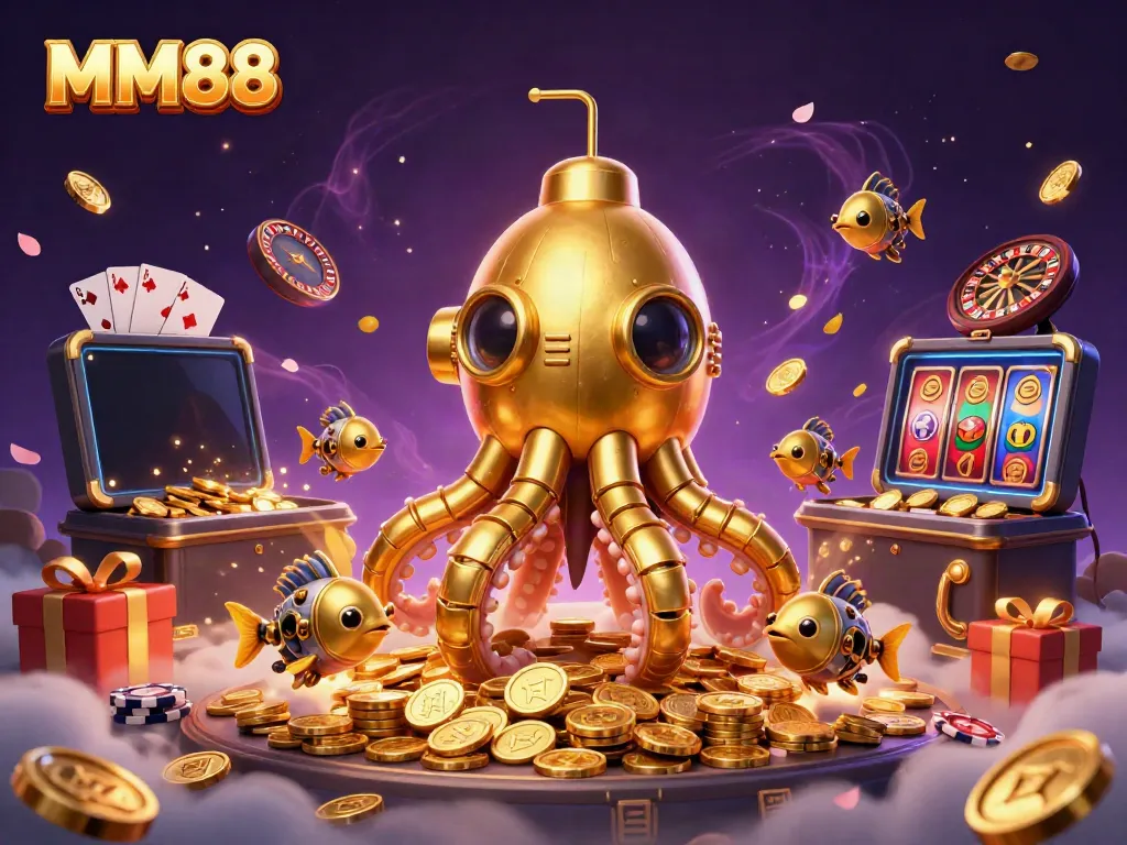 Experience MM88's thrilling golden submarine adventure through a sea of coins with exciting casino elements.