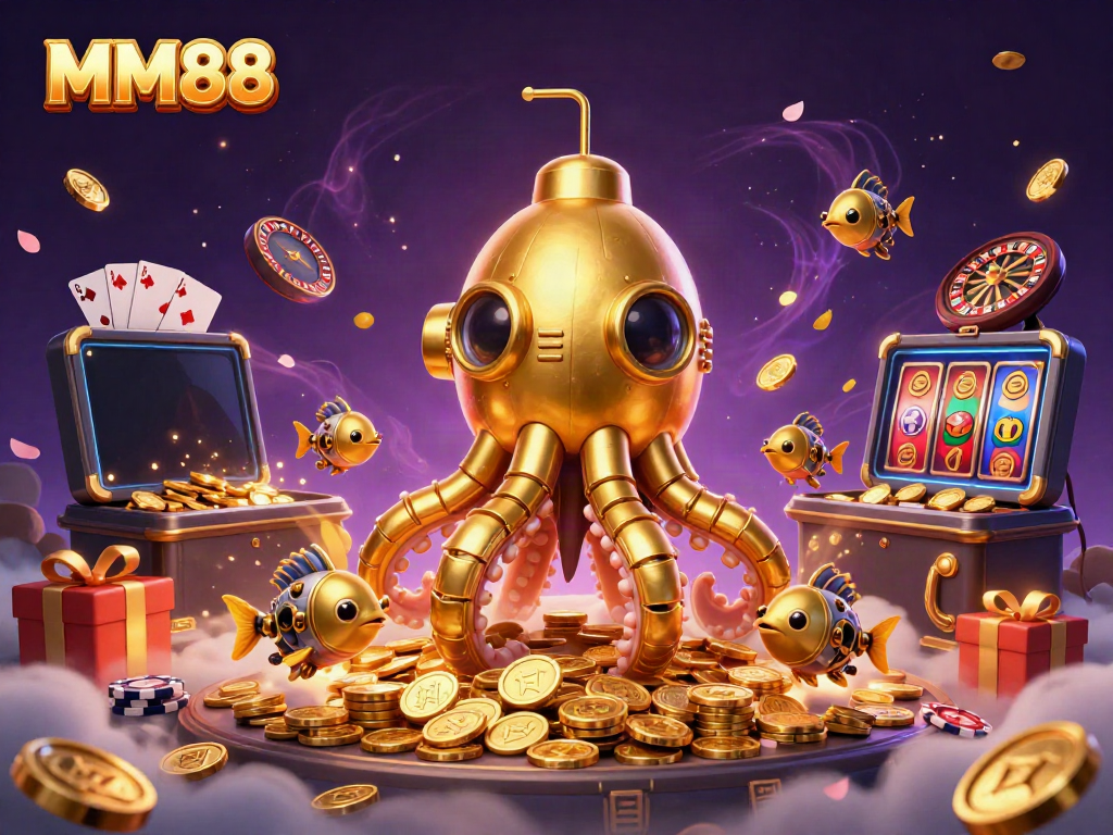 Experience MM88's thrilling golden submarine adventure through a sea of coins with exciting casino elements.