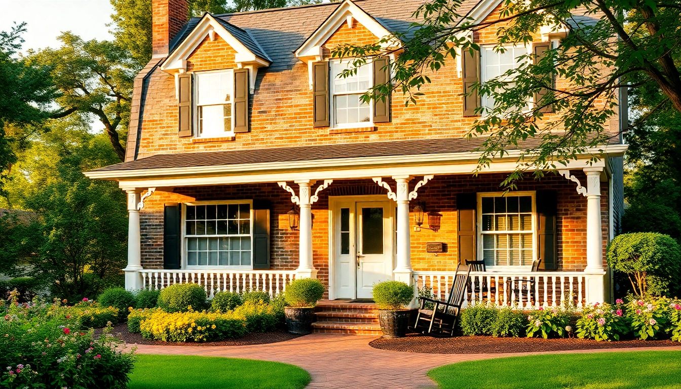 Colonial home renovation displaying classic features and lush gardens, inviting and serene atmosphere.