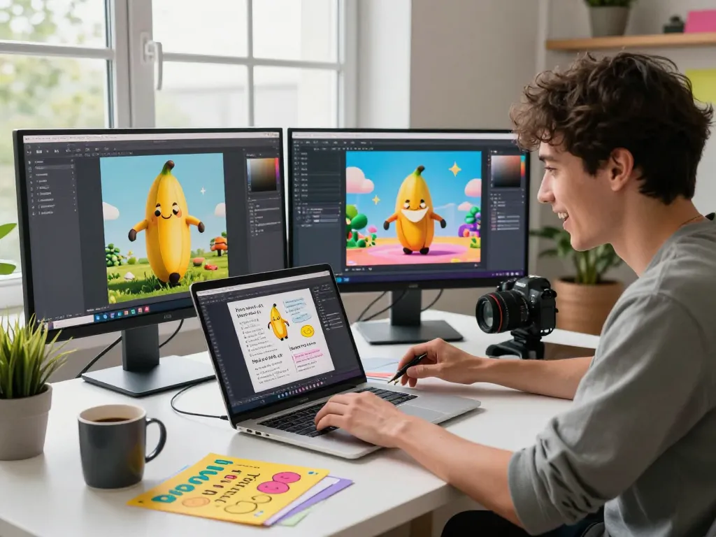 Dynamic tech workspace highlighting nano banana AI image editor in action with vibrant visuals and creative prompts.