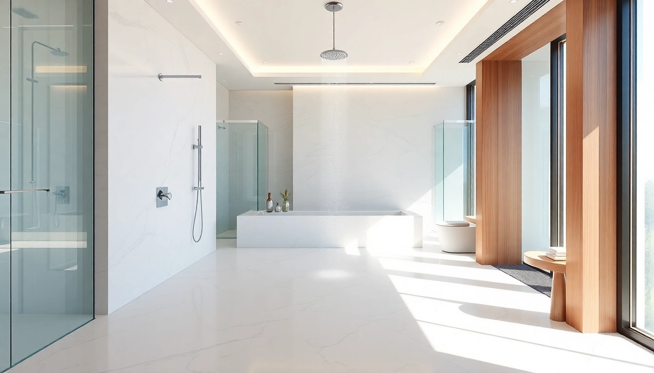 Experience elegant showers with modern design elements in a luxurious bathroom setting.
