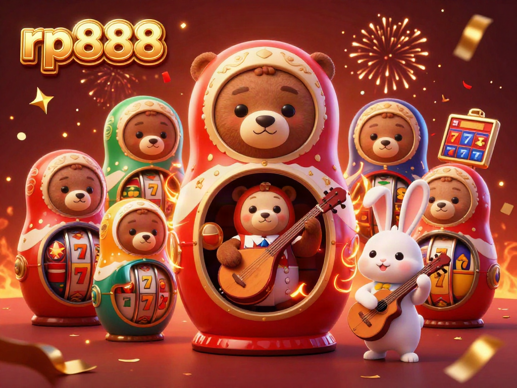 Engage with the vibrant rp888 casino scene featuring animated Matryoshka bears and colorful slot elements.