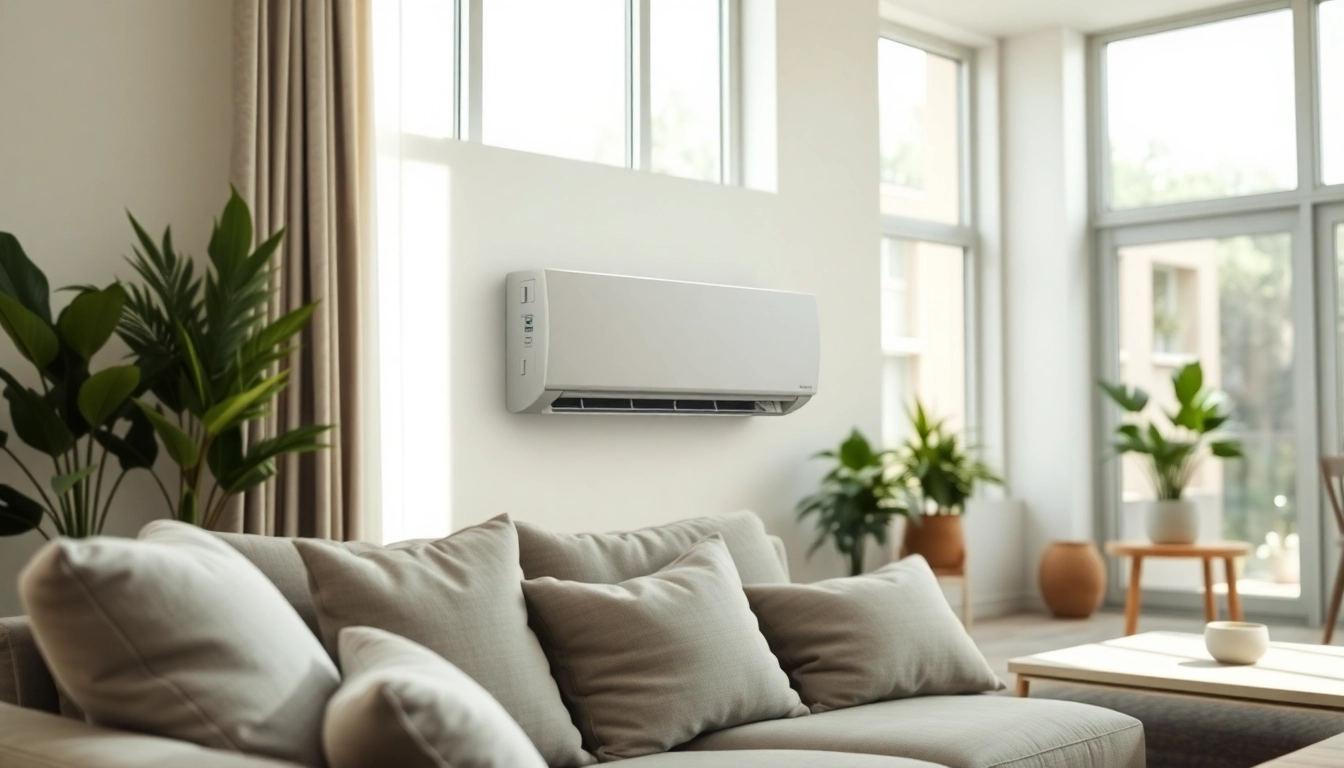 Showcasing a mini split ac unit in a modern living room environment with natural lighting.