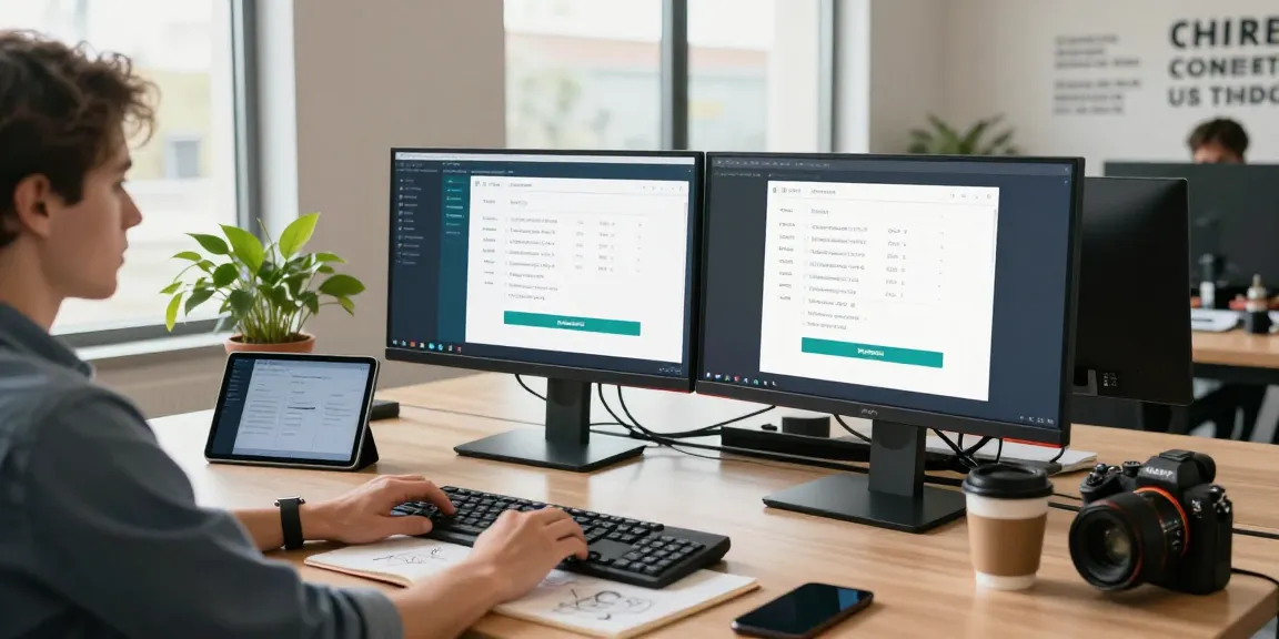 Engaging workspace with a number checker interface on dual monitors, showcasing tech tools and natural light.