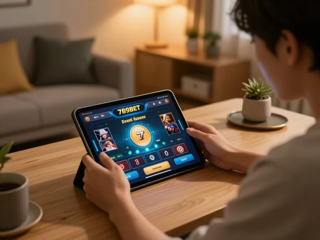 Engaging with the 789BET platform for online gambling at home.