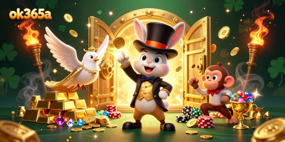 Join the fun with ok365a as a magician rabbit conjures treasures in a thrilling casino scene.