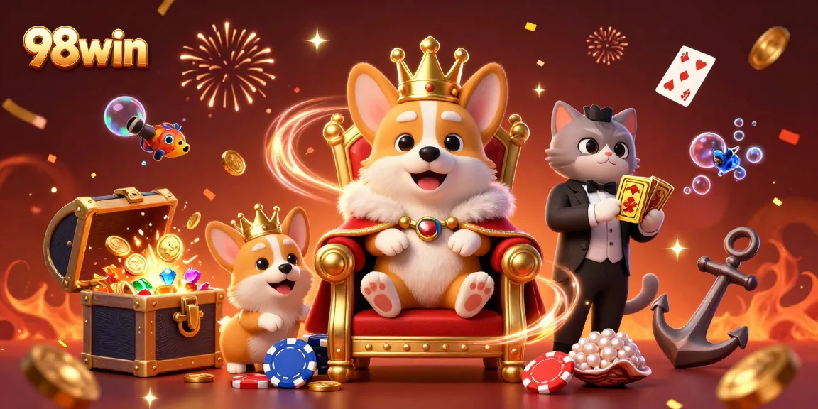 Engage with 98win in an action-packed 3D casino scene filled with vibrant game elements