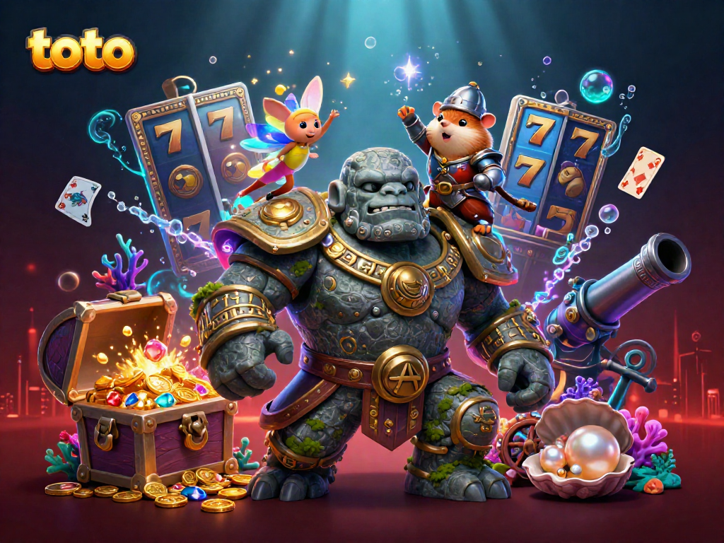 Engage in casino excitement with toto-themed characters interacting with golden slot reels and treasures.