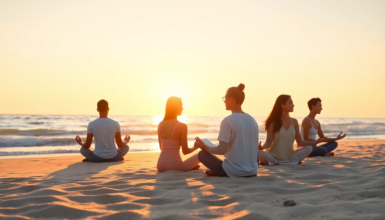 People practicing mental wellness activities on a serene beach at sunrise.
