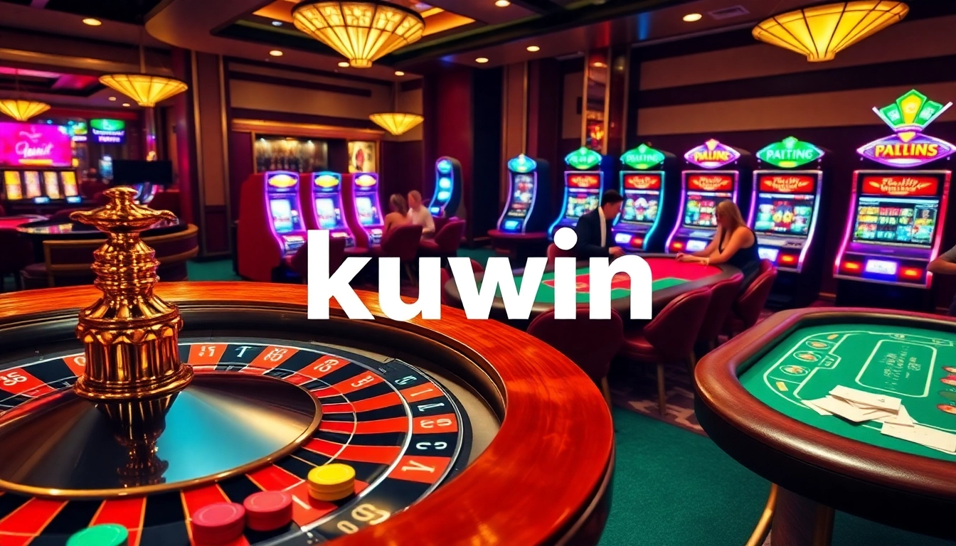 Kuwin casino scene featuring a roulette wheel, blackjack table, and colorful slot machines.