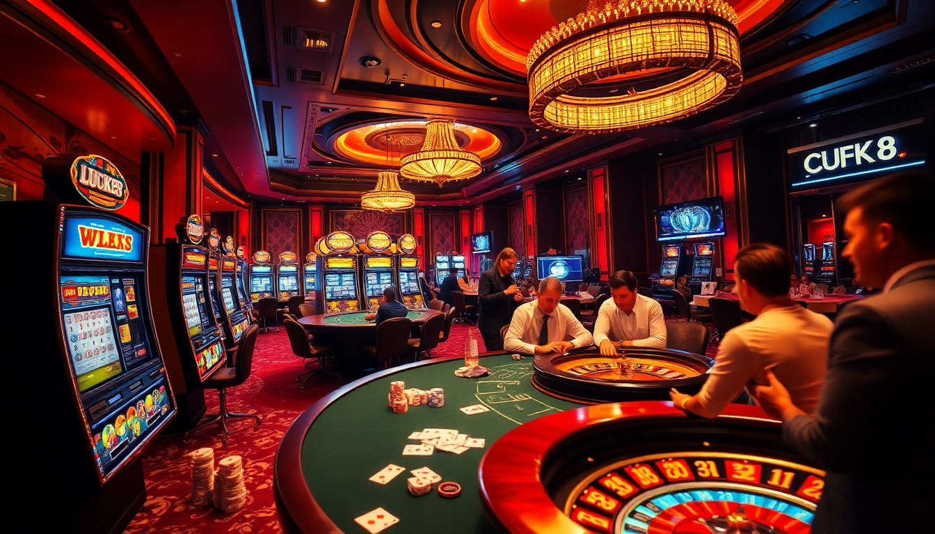 Experience the excitement of LUCK8 at a glamorous casino filled with high-stakes poker and illuminated slot machines.