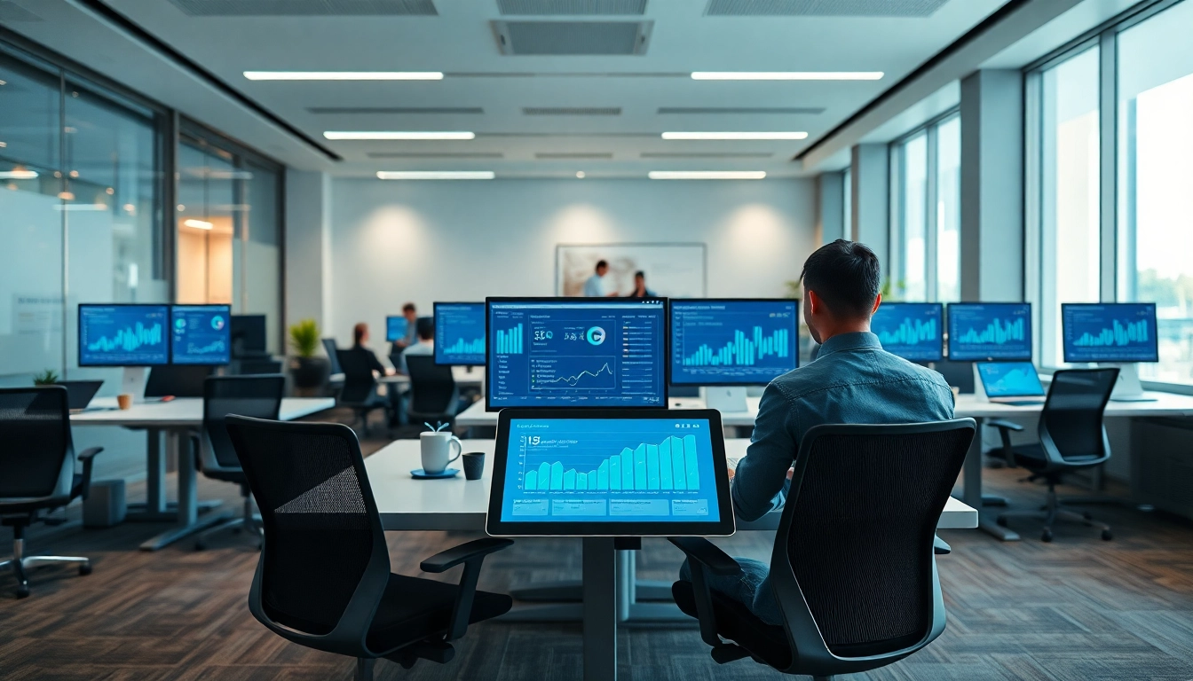 Innovative workspace with digital devices and analytics dashboards focused on ia +18 technology.