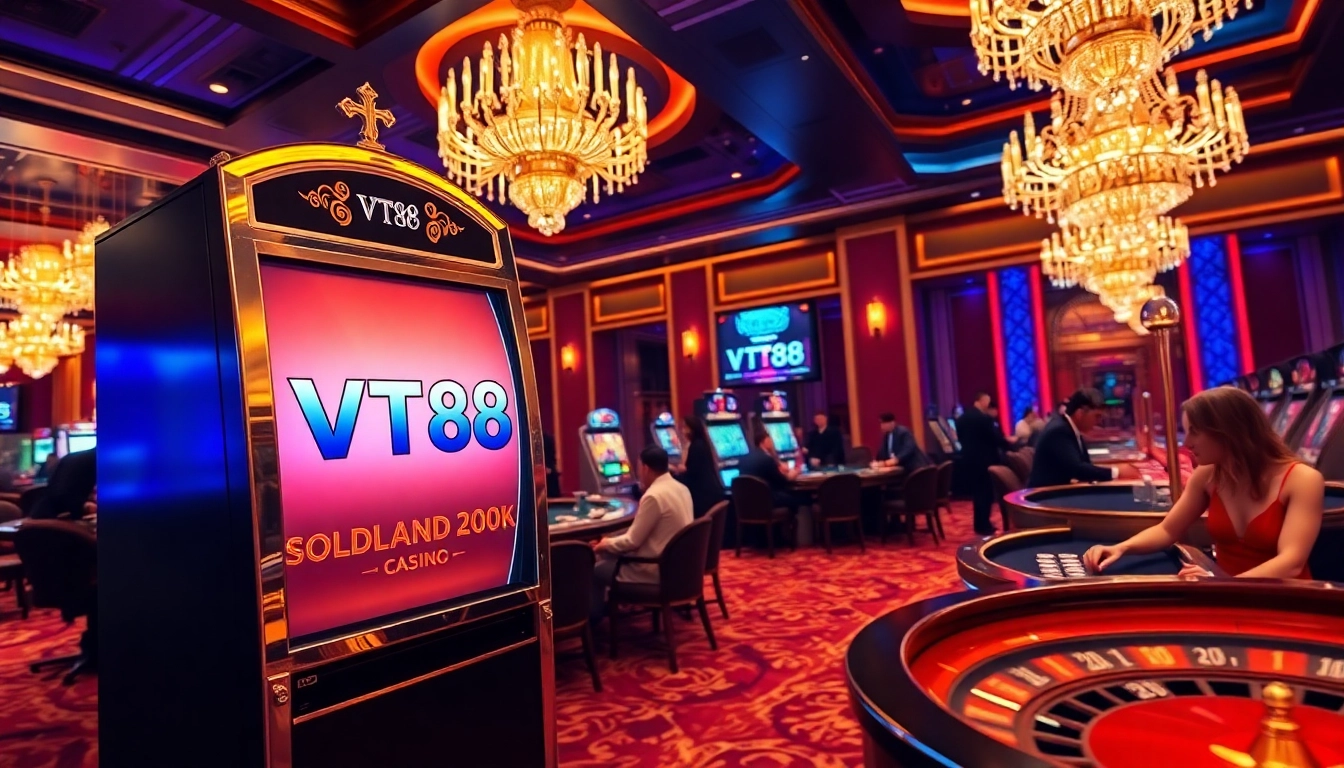 Excited players engage with a luxurious VT88 slot machine in a vibrant casino atmosphere.
