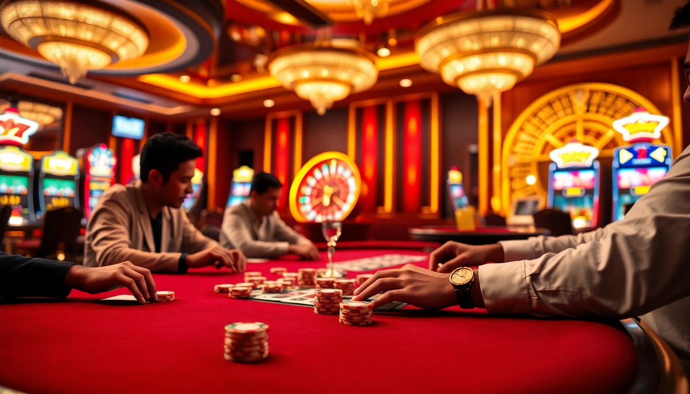 Engage with excitement at https://fun88.supply/ showcasing a lively casino scene with poker tables and roulette wheels.