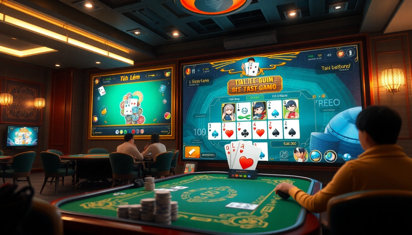 Exciting online gaming scene illustrating popular card games like Tiến Lên and Tài Xỉu at gamebaidoithuong.com.vc.