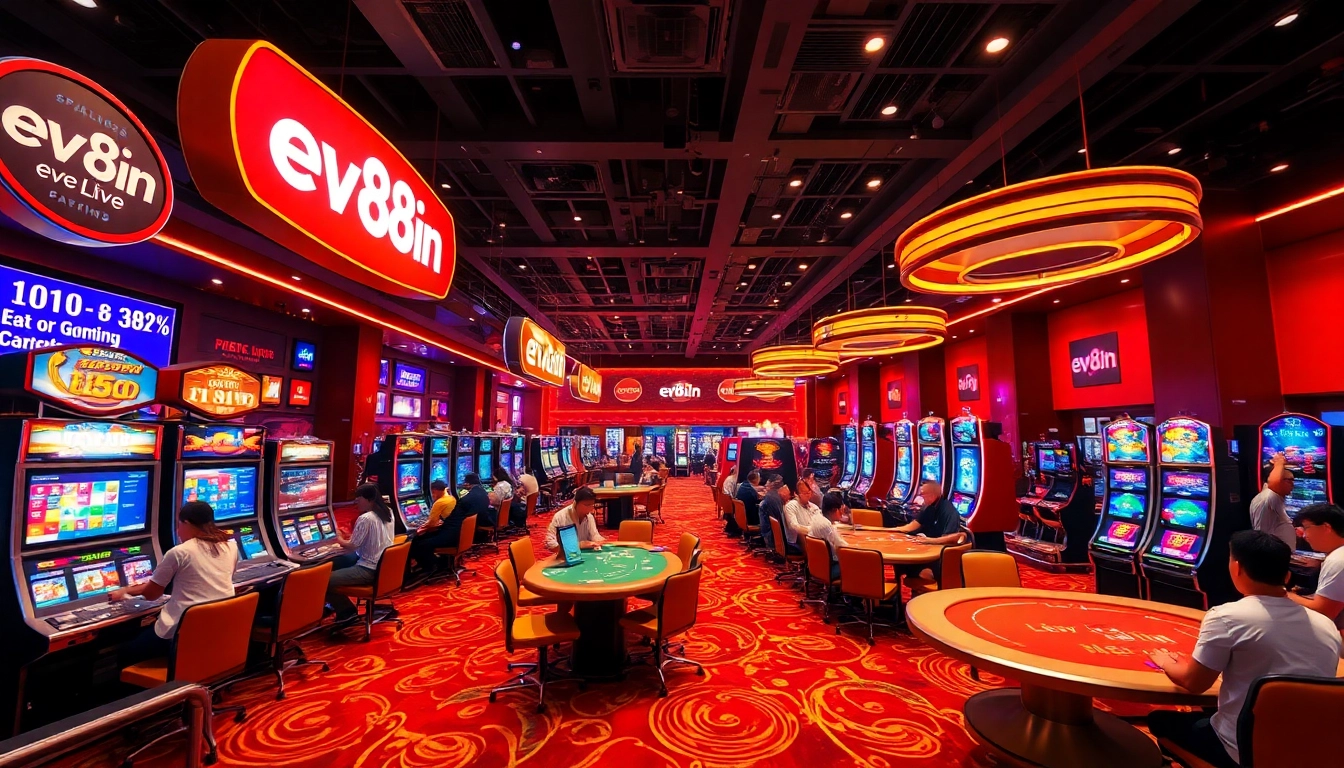 Experience the thrilling atmosphere of ev88win.live, showcasing a modern casino with vibrant gaming options.