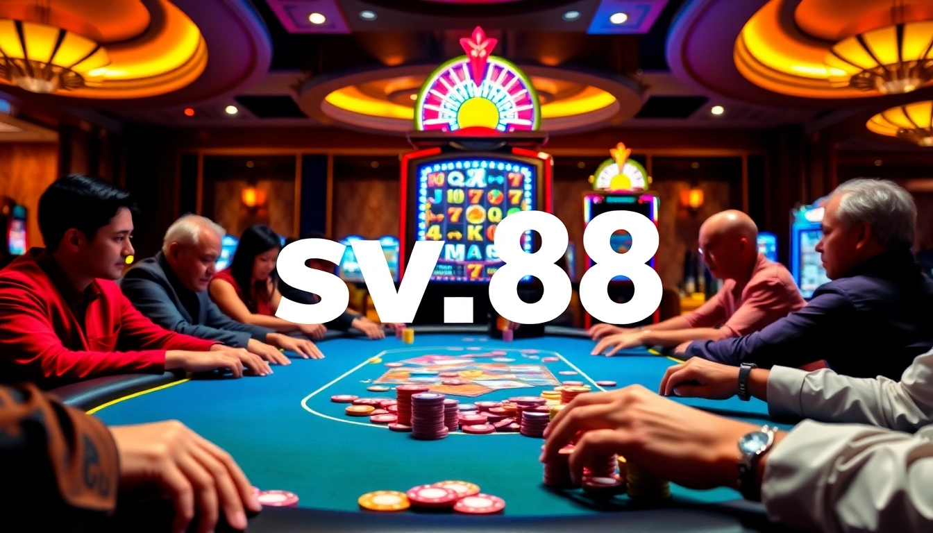 Players enjoying a thrilling poker game at SV88 casino table, surrounded by colorful chips and cards.