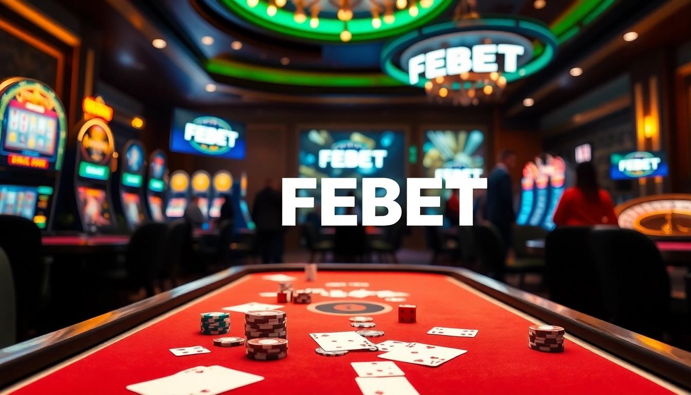 FEBET casino features an elegant gaming table with poker chips and cards.