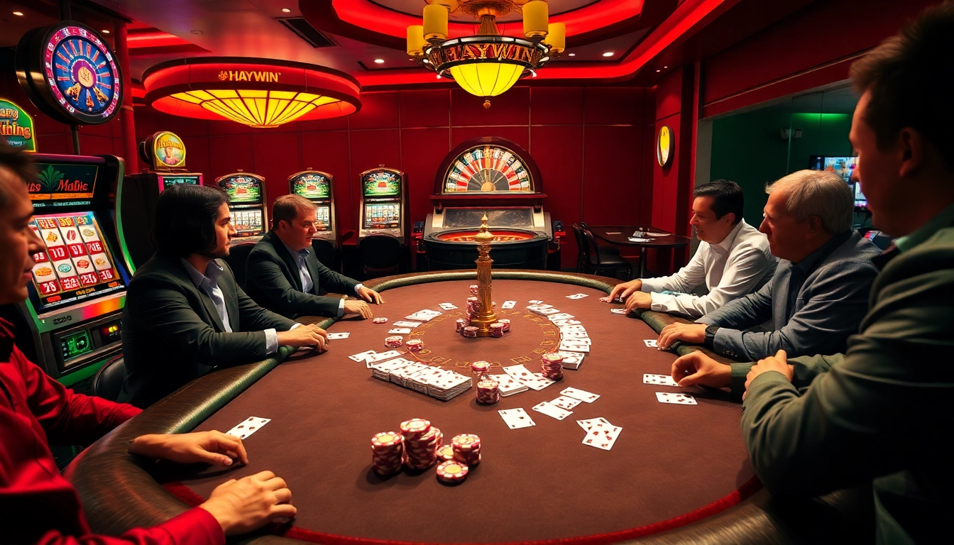Experience the thrill of HAYWIN at a luxury poker table surrounded by eager players.