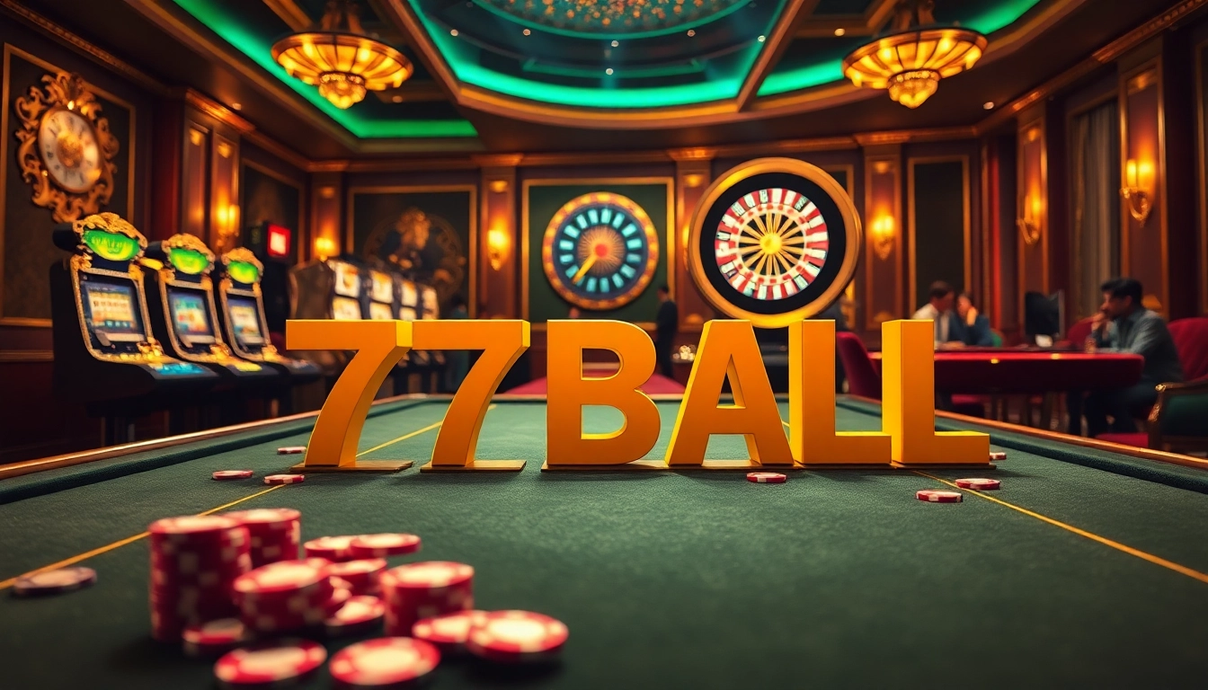 Exciting 77BALL casino scene with vibrant tables and gaming elements showcasing rich gambling atmosphere.