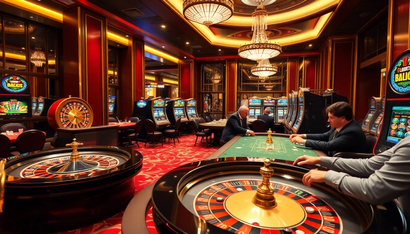 Exciting F168 casino atmosphere with roulette, poker, and slot machines in action.