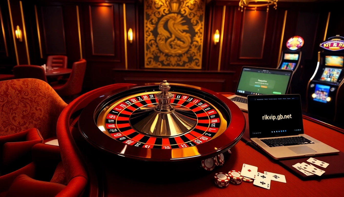 Experience the thrill of online gambling at rikvip.gb.net with poker chips and a roulette wheel.