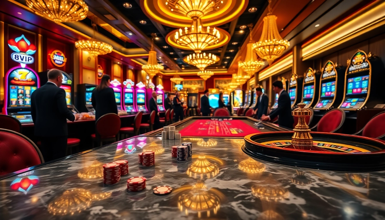 Compelling gambling scene showcasing 68VIP casino excitement with poker chips and dealers.