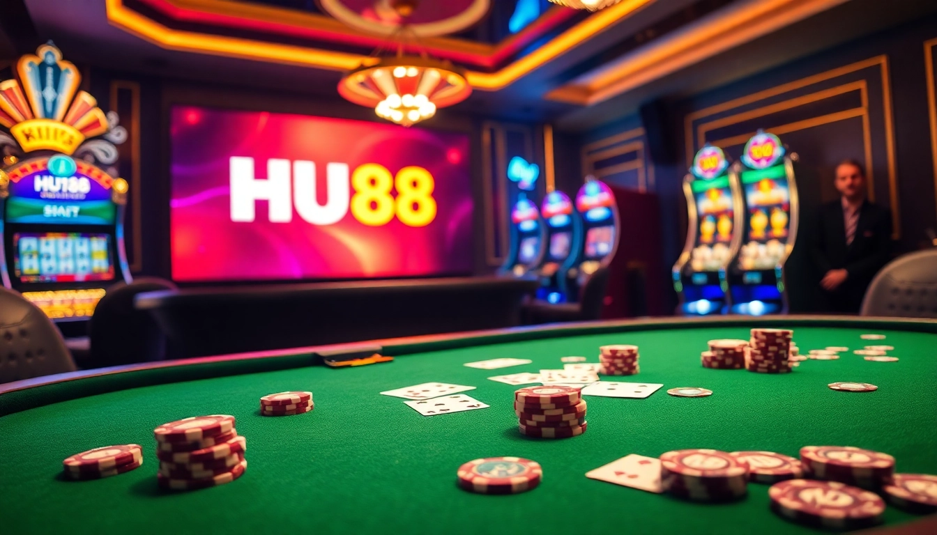 Experience thrilling gaming action at HU88 casino with vibrant tables and poker chips.