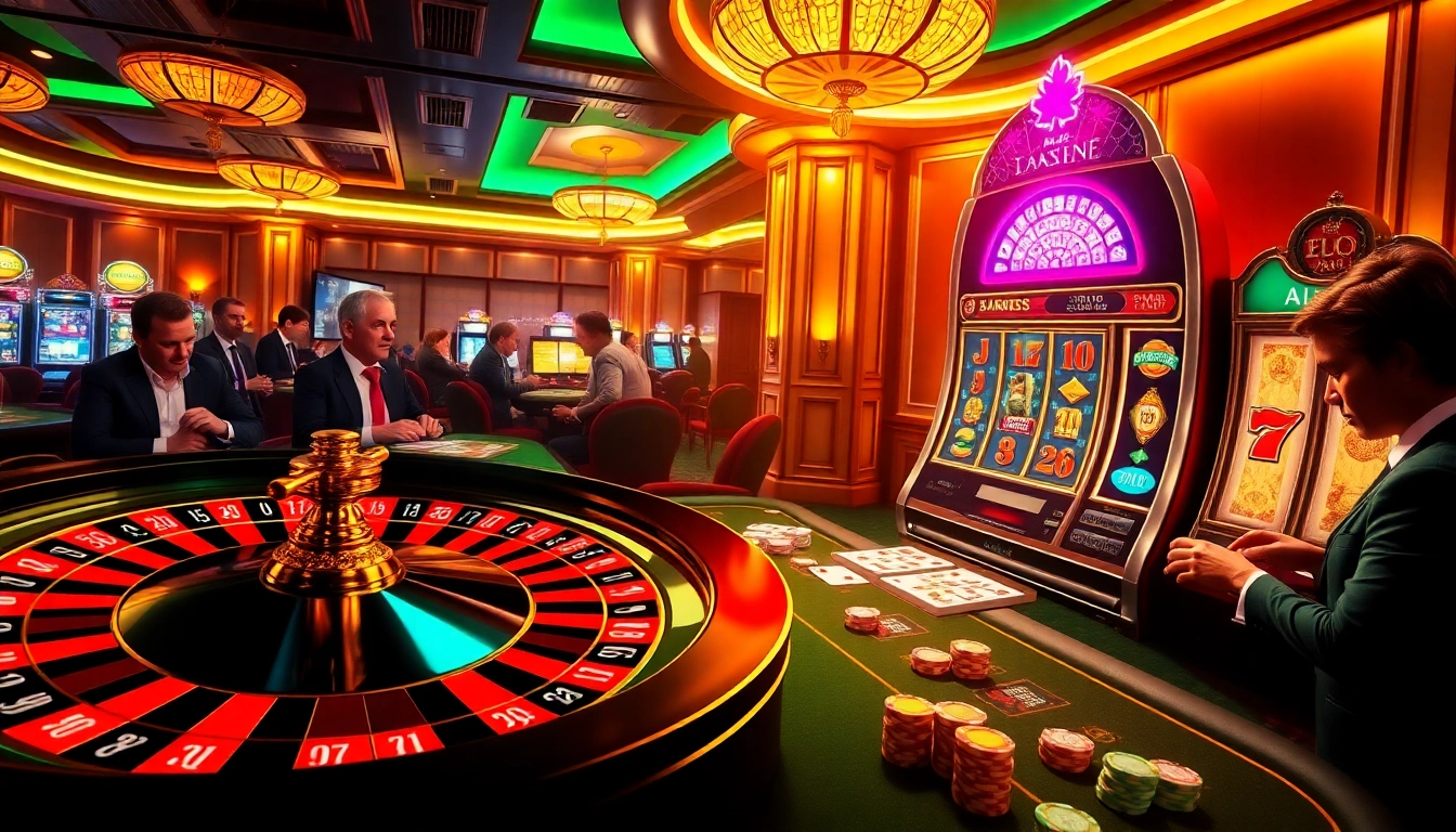 Experience the excitement of winning at https://mmoo8.art/ with vibrant casino tables and a spinning roulette wheel.