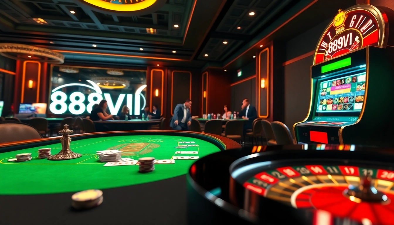Excited players enjoying the vibrant casino atmosphere at 888VI, focused on the poker table and slot machines.