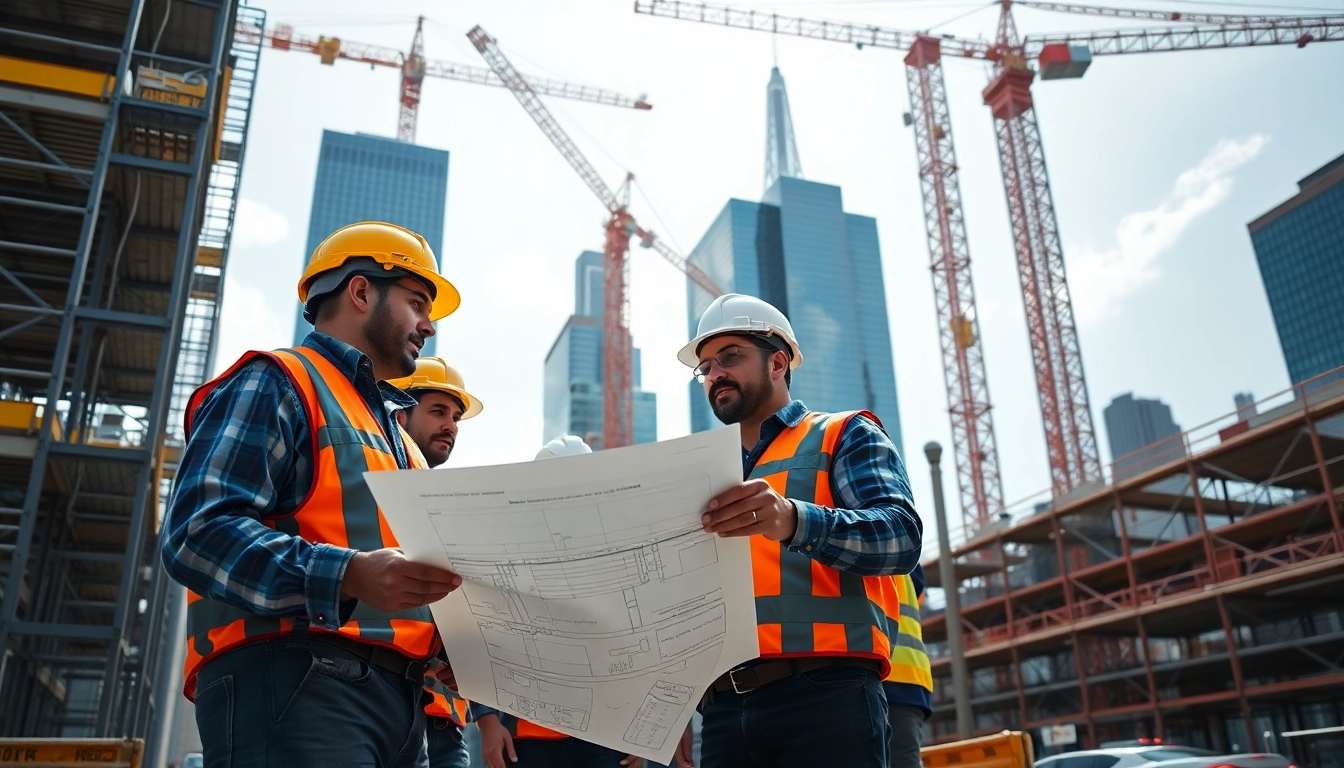 New York City Commercial General Contractor overseeing a skyscraper construction project with a dedicated team.