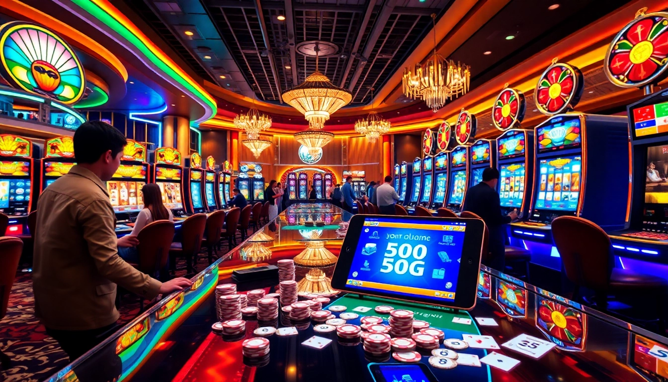 Nổ hũ gaming machines excitement with vibrant colors in a luxurious casino setting