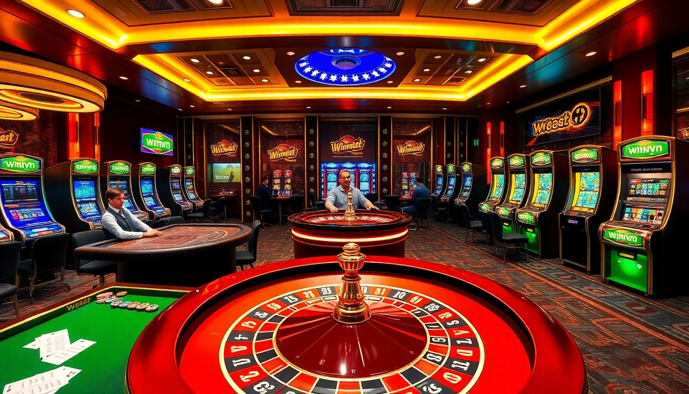 WinVN casino scene with players engaging in games, featuring vibrant elements like poker tables and slot machines.