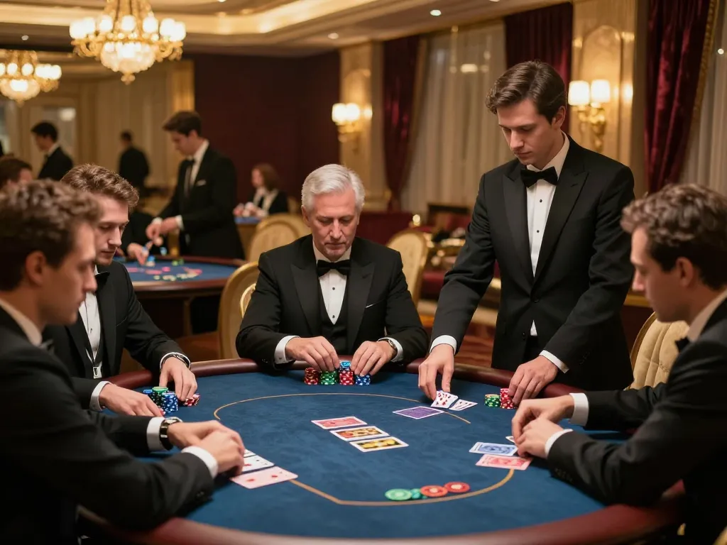 789F poker players strategizing in an upscale casino VIP gaming area, luxury ambiance captured.