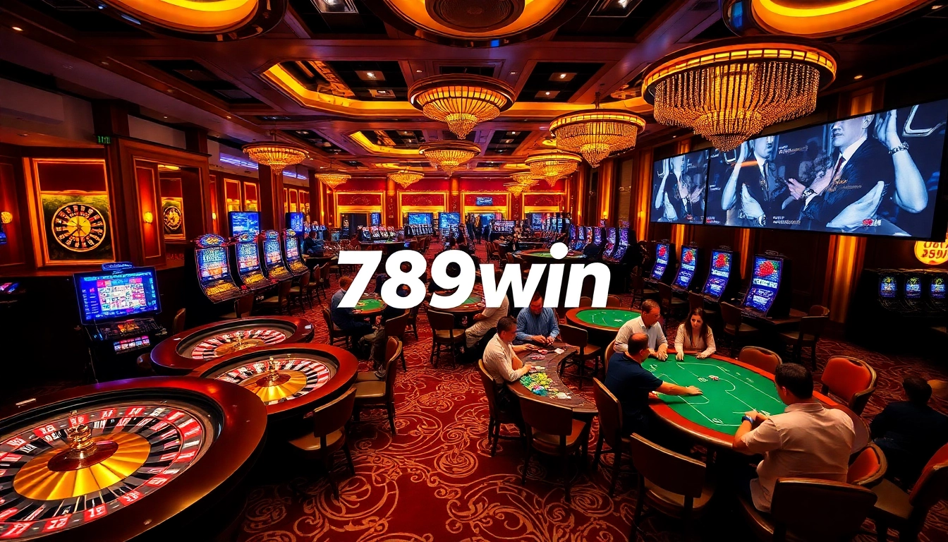 Players enjoying a vibrant gaming experience at 789win casino with roulette and poker tables.