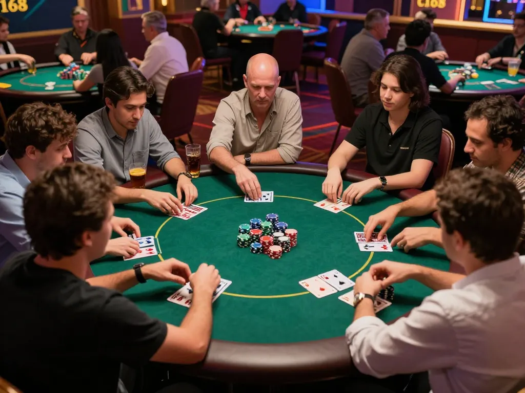 Participants engaging in a strategic poker game at C168's vibrant casino, showcasing colorful chips and focused gameplay.