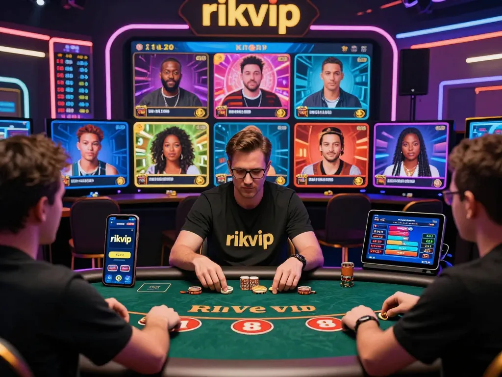 Dynamic gambling scene showcasing rikvip gaming excitement with players and colorful interfaces.