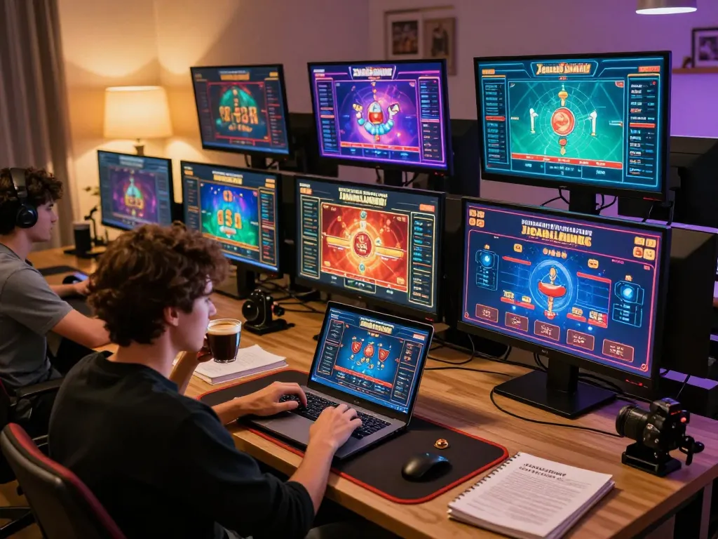 Engaged player exploring 23win games on multi-screen setup, highlighting strategic online gambling.