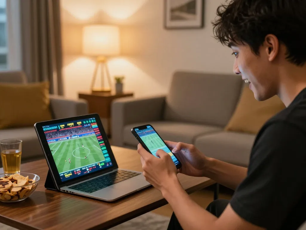 Engaged bettor using smartphone for live sports betting at da88 com during a thrilling game.