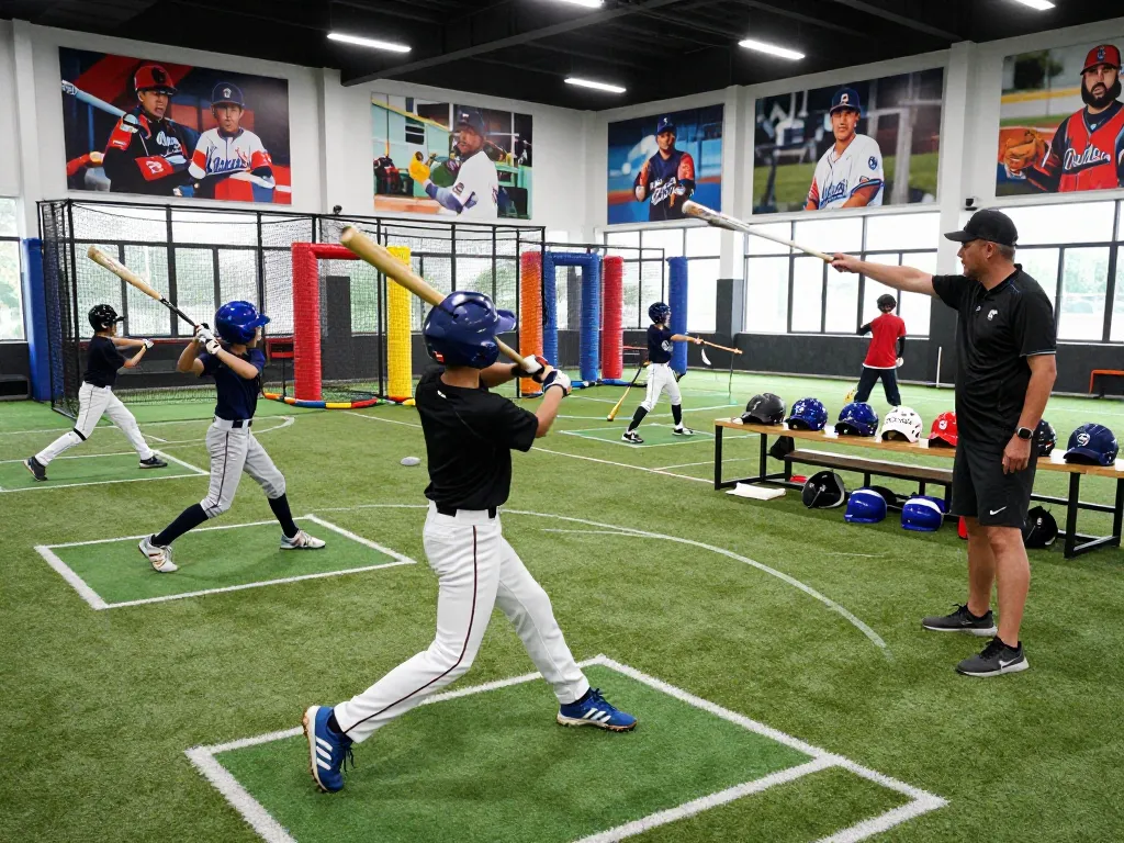 Hitclub training scene showcasing young athletes practicing baseball swings in a modern facility filled with energy and focus.