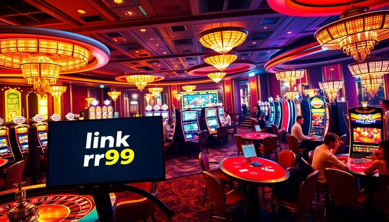 Engaging scene of luxurious gambling at RR99 link, featuring casino tables and enthusiastic players.