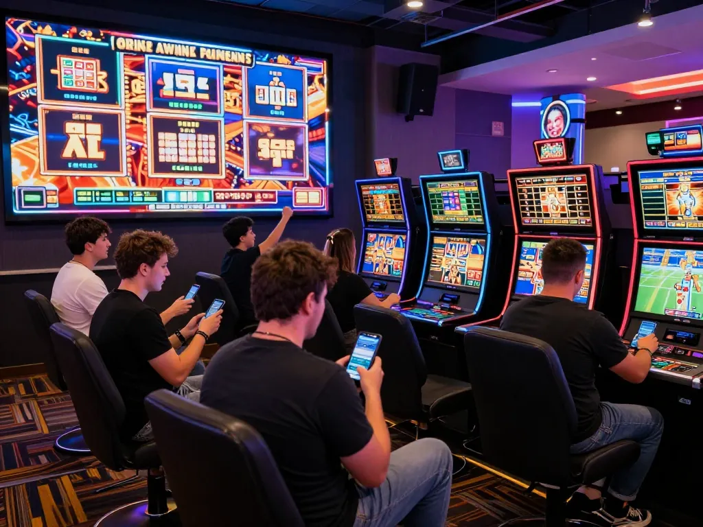 Experience the thrill of online casino gaming at https://gem88.com.mx/ with diverse players enjoying vibrant slot animations and digital betting.