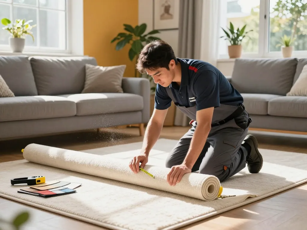 Expert carpet fitting services West London with professional installer transforming a living room atmosphere.