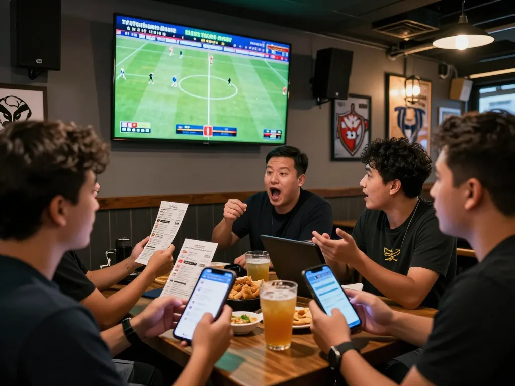 Fans discussing tỷ lệ kèo nhà cái hôm nay in a lively sports bar, surrounded by screens and betting slips.