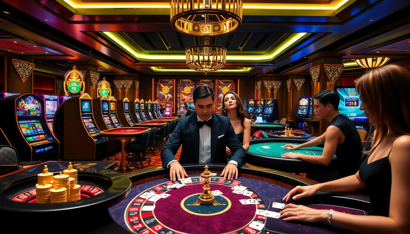 Players enjoy a thrilling game at ev88h.us.com with vibrant slots and poker tables.