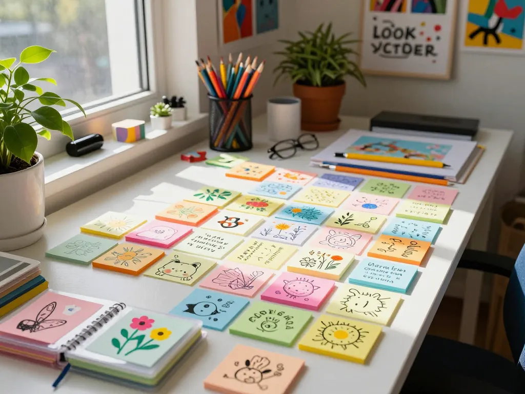 Custom sticky notes designed by an artist in a creative workspace filled with colorful designs and bright natural light.