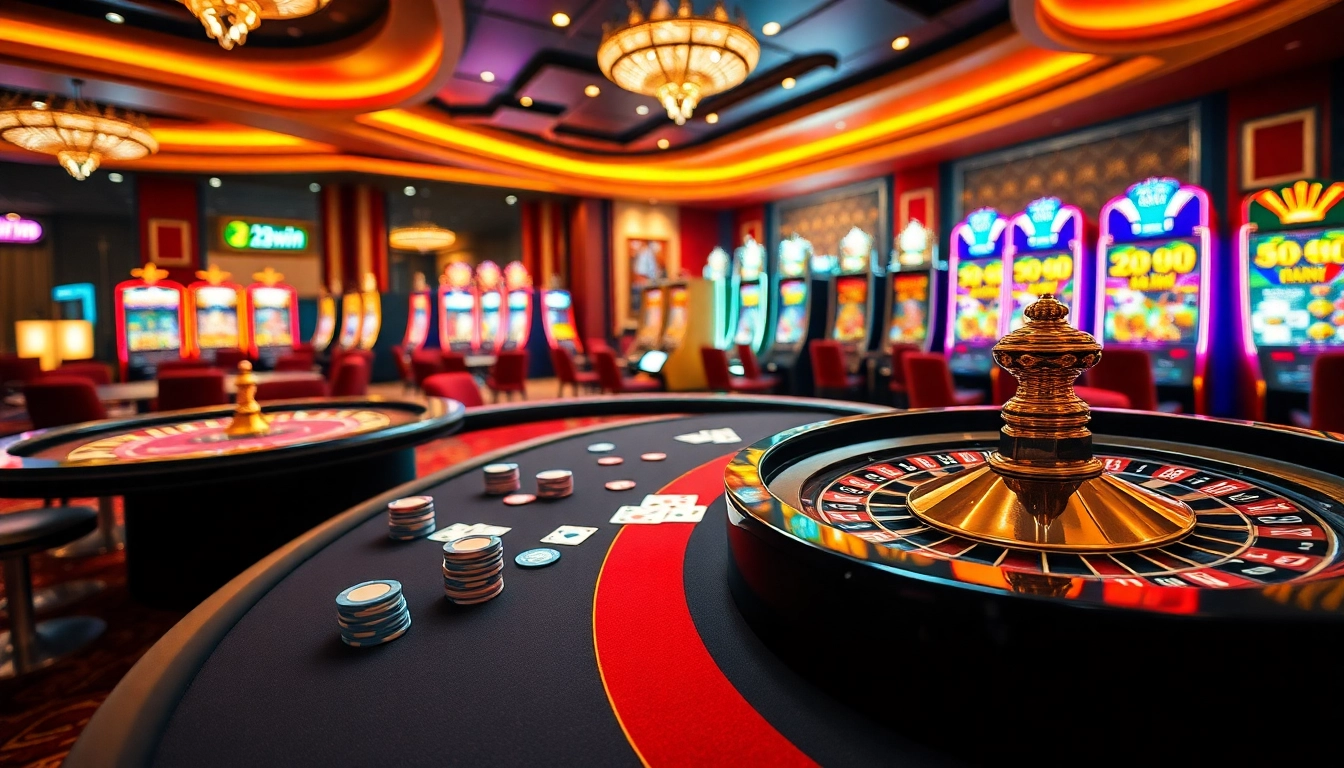 Engage in winning strategies at 23win with a vibrant casino scene featuring exciting tables and slot machines.